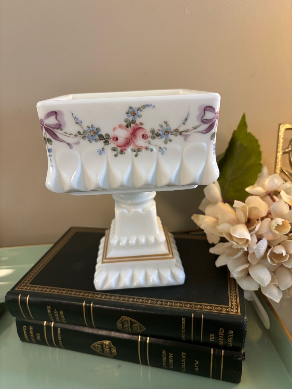 Westmoreland White Milk Glass Square Pedestal Bowl